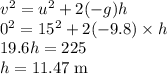 v^{2}=u^{2}+2(-g)h\\0^{2}=15^{2}+2(-9.8) \times h\\19.6h=225\\h=11.47 \;\rm m