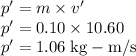 p'=m \times v'\\p'=0.10 \times 10.60\\p'=1.06 \;\rm kg-m/s