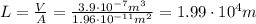 L= \frac{V}{A} = \frac{3.9\cdot 10^{-7}m^3}{1.96\cdot 10^{-11} m^2} =1.99\cdot 10^4 m
