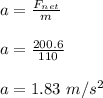 a = \frac{F_{net}}{m} \\\\a = \frac{200.6}{110} \\\\a = 1.83 \ m/s^2