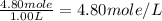 \frac{4.80mole}{1.00L}=4.80mole/L