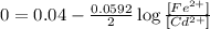 0=0.04-\frac{0.0592}{2}\log \frac{[Fe^{2+}]}{[Cd^{2+}]}