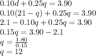0.10d+0.25q=3.90\\0.10(21-q)+0.25q=3.90\\2.1-0.10q+0.25q=3.90\\0.15q=3.90-2.1\\q=\frac{1.80}{0.15} \\q=12