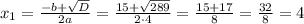 x_{1}=\frac{-b+\sqrt{D}}{2a}=\frac{15+\sqrt{289}}{2\cdot4}=\frac{15+17}{8}=\frac{32}{8}=4