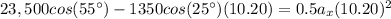 23,500cos(55\°)-1350cos(25\°)(10.20) = 0.5a_x(10.20)^2
