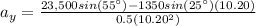 a_y=\frac{23,500sin(55\°)-1350sin(25\°)(10.20)}{0.5(10.20^2)}