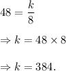48=\dfrac{k}{8}\\\\\Rightarrow k=48\times8\\\\\Rightarrow k=384.