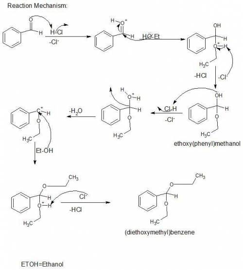 Complete the mechanism for the following reaction of benzaldehyde dissolved in dry ethanol bubbled w