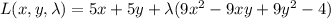 L(x,y,\lambda)=5x+5y+\lambda(9x^2-9xy+9y^2-4)