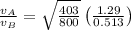 \frac{v_{A}}{v_{B}} = \sqrt{\frac{403}{800}} \left ( \frac{1.29}{0.513} \right )