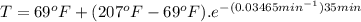 T=69^oF+(207^oF-69^oF).e^{-(0.03465 min^{-1})35 min}