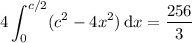 \displaystyle4\int_0^{c/2}(c^2-4x^2)\,\mathrm dx=\frac{256}3