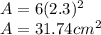 A = 6 (2.3) ^ 2\\A = 31.74 cm ^ 2