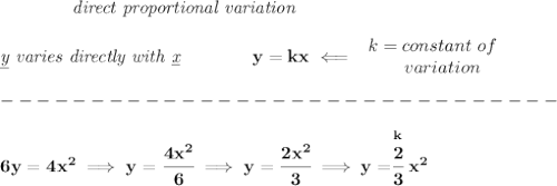 \bf \qquad \qquad \textit{direct proportional variation}\\\\&#10;\textit{\underline{y} varies directly with \underline{x}}\qquad \qquad  y=kx\impliedby &#10;\begin{array}{llll}&#10;k=constant\ of\\&#10;\qquad  variation&#10;\end{array}\\\\&#10;-------------------------------\\\\&#10;6y=4x^2\implies y=\cfrac{4x^2}{6}\implies y=\cfrac{2x^2}{3}\implies y=\stackrel{k}{\cfrac{2}{3}}x^2