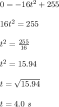 0 = -16t^2 + 255\\\\16t^2 = 255\\\\t^2 = \frac{255}{16} \\\\t^2 = 15.94\\\\t = \sqrt{15.94} \\\\t = 4.0 \ s