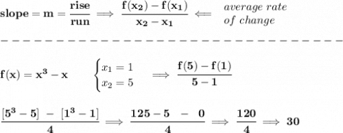 \bf slope = m = \cfrac{rise}{run} \implies &#10;\cfrac{ f(x_2) - f(x_1)}{ x_2 - x_1}\impliedby &#10;\begin{array}{llll}&#10;average~rate\\&#10;of~change&#10;\end{array}\\\\&#10;-------------------------------\\\\&#10;f(x)= x^3-x  \qquad &#10;\begin{cases}&#10;x_1=1\\&#10;x_2=5&#10;\end{cases}\implies \cfrac{f(5)-f(1)}{5-1}&#10;\\\\\\&#10;\cfrac{[5^3-5]~-~[1^3-1]}{4}\implies \cfrac{125-5~~-~~0}{4}\implies \cfrac{120}{4}\implies 30