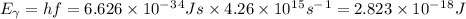 E_{ \gamma}=hf=6.626 \times 10^-^3^4Js \times 4.26 \times 10^1^5 s^-^1=2.823\times 10^-^1^8J