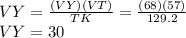 VY = \frac{(VY)(VT)}{TK} = \frac{(68)(57)}{129.2} \newline VY = 30