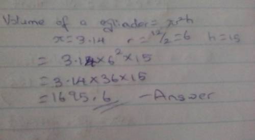 What is the volume of the following cylinder?  1,695.6 cm3 6,782.4 cm3 282.6 cm3 565.2 cm3