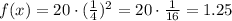 f(x) = 20 \cdot(\frac{1}{4})^2=20 \cdot \frac{1}{16} = 1.25