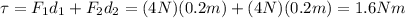 \tau= F_1 d_1 + F_2 d_2 = (4 N)(0.2 m)+(4N)(0.2 m)=1.6 N m