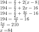 194=\frac{x}{2}+2(x-8)\\ 194=\frac{x}{2}+2x-16\\ 194=\frac{x}{2}+\frac{4x}{2}-16\\ 194=\frac{5x}{2}-16\\ \frac{5x}{2}=210\\ x=$84