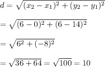 d=\sqrt{(x_2-x_1)^2+(y_2-y_1)^2}\\\\=\sqrt{(6-0)^2+(6-14)^2}\\\\=\sqrt{6^2+(-8)^2}\\\\=\sqrt{36+64}=\sqrt{100}=10