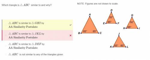 Which triangle is ​△abc​ similar to and why?  △abc is similar to △def by ​ aa similarity postulate ​