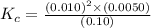K_c=\frac{(0.010)^2\times (0.0050)}{(0.10)}