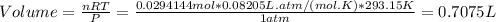 Volume=\frac{nRT}{P}=\frac{0.0294144mol*0.08205L.atm/(mol.K)*293.15K}{1 atm} =0.7075L