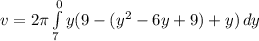 v = 2\pi\int\limits^0_7 {y(9-(y^{2}-6y+9)+y)} \, dy
