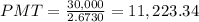 PMT = \frac{30,000}{2.6730} = 11,223.34