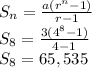 S_n=\frac{a(r^n -1)}{r-1}\\S_{8}=\frac{3(4^8 -1)}{4-1}\\S_{8}=65,535