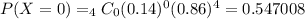 P(X=0)= _{4}C_{0} (0.14)^{0} (0.86)^{4}=0.547008