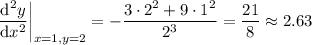 \dfrac{\mathrm d^2y}{\mathrm dx^2}\bigg|_{x=1,y=2}=-\dfrac{3\cdot2^2+9\cdot1^2}{2^3}=\dfrac{21}8\approx2.63