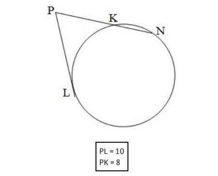 Lis a point of tangency. segments pl and pn have a common point at p. find the length kn.