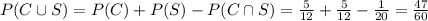 P(C\cup S)=P(C)+P(S)-P(C\cap S)=\frac{5}{12}+\frac{5}{12}-\frac{1}{20}=\frac{47}{60}