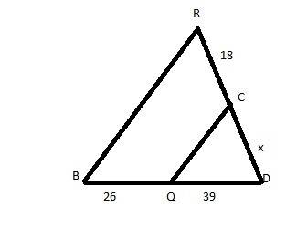 What is the value of x?  enter your answer in the box. units triangle b d r with line segment q c pa