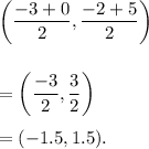 \left(\dfrac{-3+0}{2},\dfrac{-2+5}{2}\right)\\\\\\=\left(\dfrac{-3}{2},\dfrac{3}{2}\right)\\\\=(-1.5,1.5).