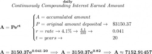 \bf ~~~~~~ \stackrel{daily}{\textit{Continuously Compounding Interest Earned Amount}}\\\\&#10;A=Pe^{rt}\qquad &#10;\begin{cases}&#10;A=\textit{accumulated amount}\\&#10;P=\textit{original amount deposited}\to& \$3150.37\\&#10;r=rate\to 4.1\%\to \frac{4.1}{100}\to &0.041\\&#10;t=years\to &20&#10;\end{cases}&#10;\\\\\\&#10;A=3150.37e^{0.041\cdot 20}\implies A=3150.37e^{0.82}\implies A\approx 7152.91457