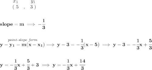 \bf \begin{array}{ccccccccc}&#10;&&x_1&&y_1\\&#10;%  (a,b)&#10;&&(~ 5 &,& 3~)&#10;\end{array}&#10;\\\\\\&#10;% slope  = m&#10;slope =  m\implies -\cfrac{1}{3}&#10;\\\\\\&#10;% point-slope intercept&#10;\stackrel{\textit{point-slope form}}{y- y_1= m(x- x_1)}\implies y-3=-\cfrac{1}{3}(x-5)&#10;\implies &#10;y-3=-\cfrac{1}{3}x+\cfrac{5}{3}&#10;\\\\\\&#10;y=-\cfrac{1}{3}x+\cfrac{5}{3}+3\implies y=-\cfrac{1}{3}x+\cfrac{14}{3}