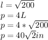 l = \sqrt{200}\\p = 4L\\p = 4*\sqrt{200}\\p = 40\sqrt{2} in