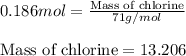 0.186mol=\frac{\text{Mass of chlorine}}{71g/mol}\\\\\text{Mass of chlorine}=13.206
