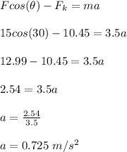 Fcos(\theta ) - F_k = ma\\\\15 cos(30) - 10.45 = 3.5a\\\\12.99 - 10.45 = 3.5 a\\\\2.54 =3.5a\\\\a = \frac{2.54}{3.5} \\\\a = 0.725 \ m/s^2
