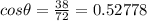 cos\theta = \frac{38}{72}  = 0.52778