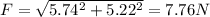 F = \sqrt{5.74^2 + 5.22^2} = 7.76 N
