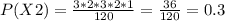 P(X2)=\frac{3*2*3*2*1}{120}=\frac{36}{120}=0.3