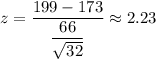 z=\dfrac{199-173}{\dfrac{66}{\sqrt{32}}}\approx2.23