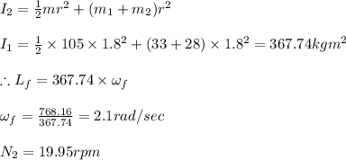 I_{2}=\frac{1}{2}mr^{2}+(m_{1}+m_{2})r^{2}\\\\I_{1}=\frac{1}{2}\times 105\times 1.8^{2}+(33+28) \times 1.8^{2}=367.74kgm^{2}\\\\\therefore L_{f}=367.74\times \omega _{f}\\\\\omega _{f}=\frac{768.16}{367.74}=2.1rad/sec\\\\N_{2}=19.95rpm