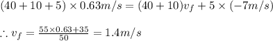 (40+10+5)\times 0.63m/s=(40+10)v_{f}+5\times (-7m/s)\\\\\therefore v_{f}=\frac{55\times 0.63+35}{50}=1.4m/s